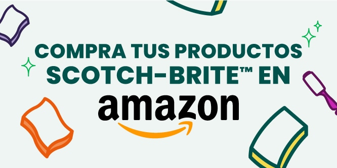 Fondo verde con letras blancas que dicen: Compra tus productos Scotch-Brite en amazon.
