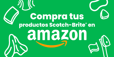 Fondo verde con letras blancas que dicen: Compra tus productos Scotch-Brite en amazon.
