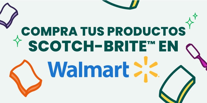 Fondo verde con letras blancas que dicen: Compra tus productos Scotch-Brite en walmart..

