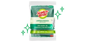 Empaque de esponja Scotch-Brite Limpieza Pesada con destellos verdes decorativos sobre fondo blanco.
