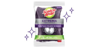 Paquete de fibra esponja Scotch-Brite Extrema de 3M en color morado, con etiqueta que destaca su poder de limpieza y tecnología antibac.
