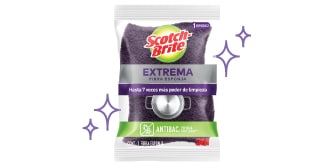 Paquete de fibra esponja Scotch-Brite Extrema de 3M en color morado, con etiqueta que destaca su poder de limpieza y tecnología antibac.
